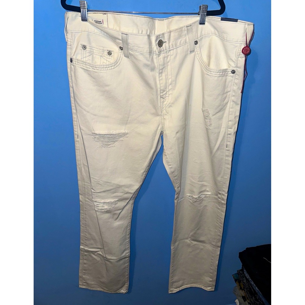 True Religion Ricky Relaxed Straight Jeans White Light Wash Distressed Denim 42